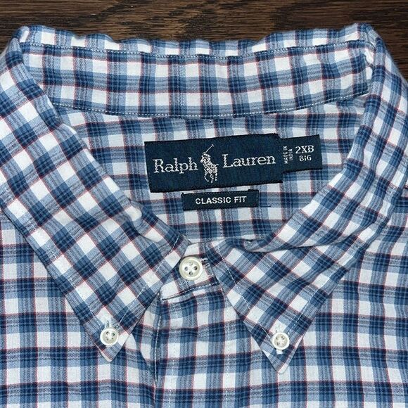 Big Man Polo Ralph Lauren Pony SS Blue Check Plaid Madras Cotton Shirt 2XB Big - Picture 2 of 6